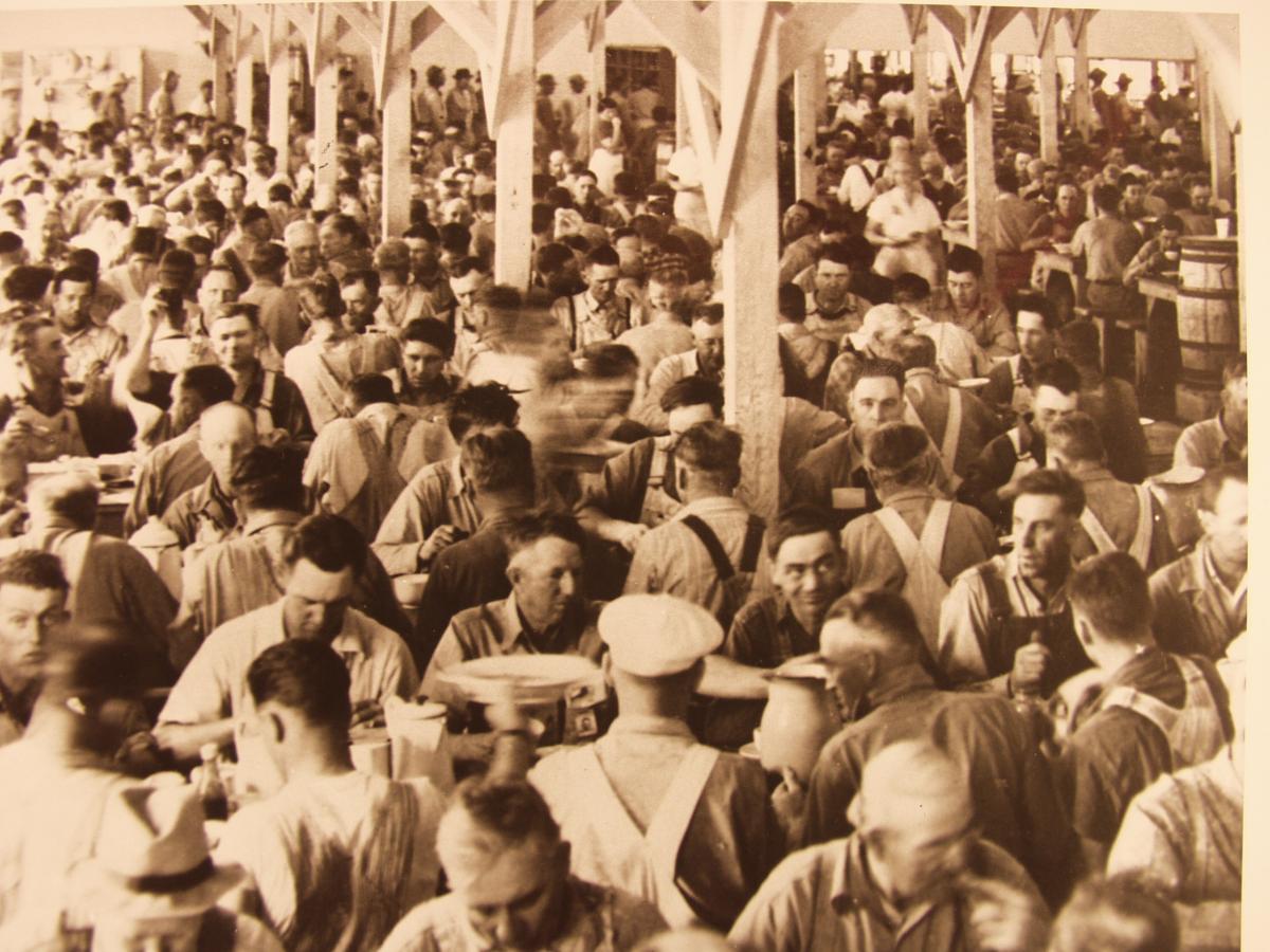 Hanford workers eat in the enormous mess hall.